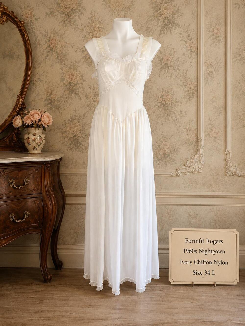 Vintage Formfit Rogers Nightgown 1960s Ivory Micro Pleated Chiffon Nylon Sz 34 L